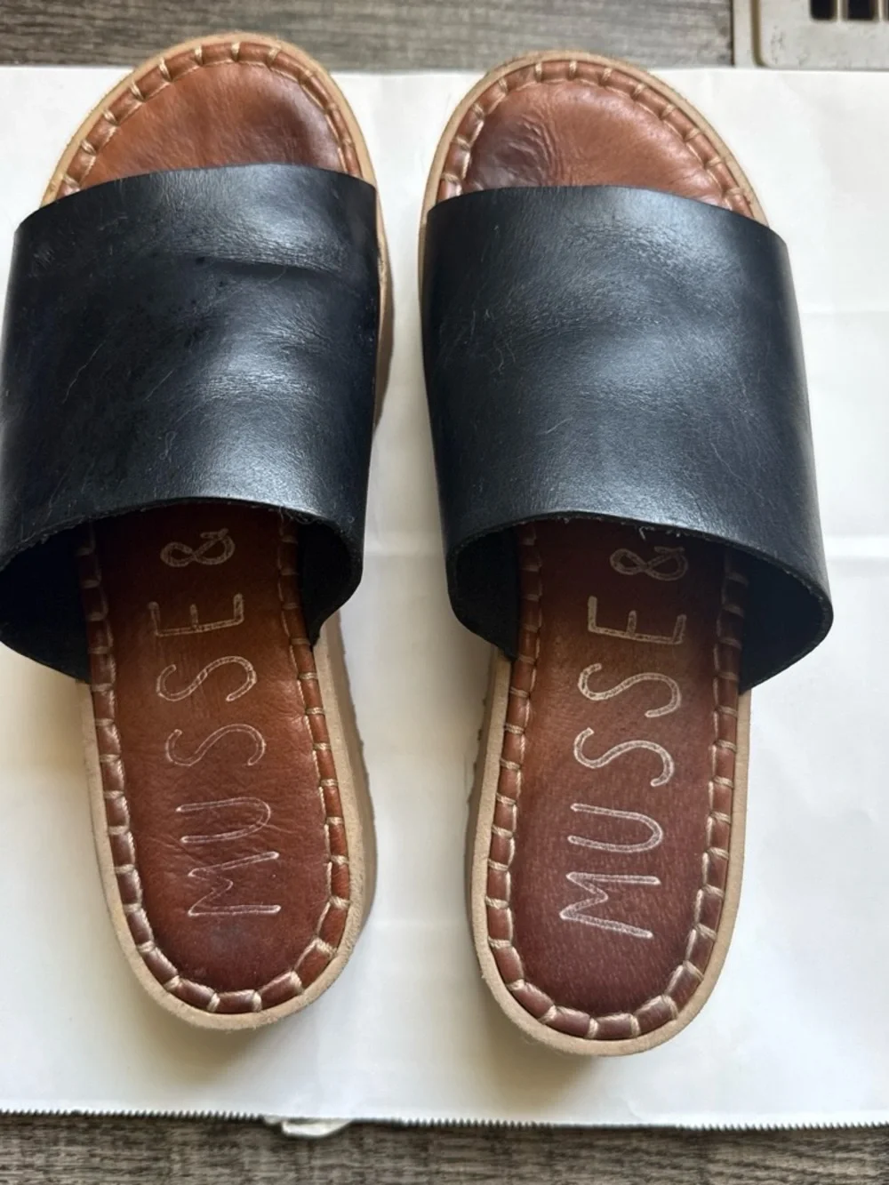Musse & Cloud Black and Brown Leather Platform Slide Sandals